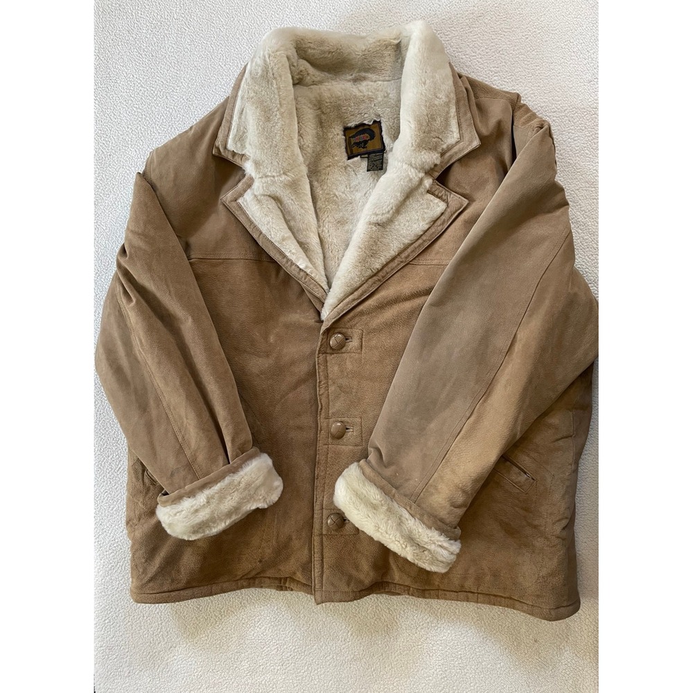 90s Vtg Fox Run Mens XXXL Leather Suede Jacket Tan Faux Fur Lined Rancher Coat